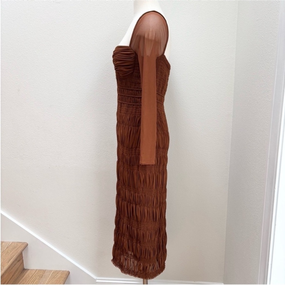 Self Portrait Midi Dress Shirred Mesh Long Sleeve Ruched Chocolate Brown Size 6 - Picture 5 of 13